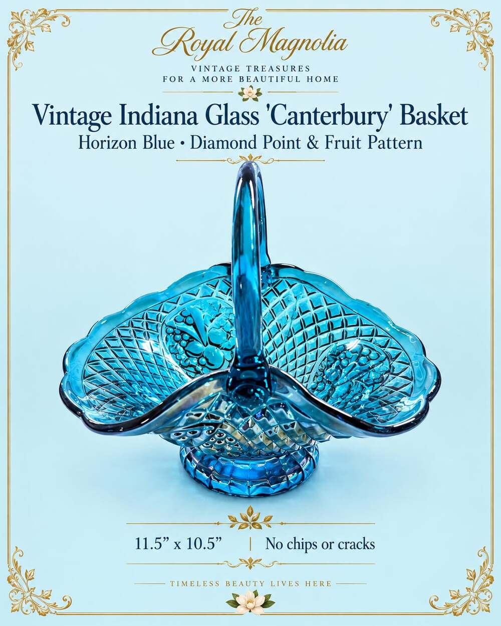 Indiana Glass Canterbury Basket Horizon Blue Diamond Point Fruit Pattern